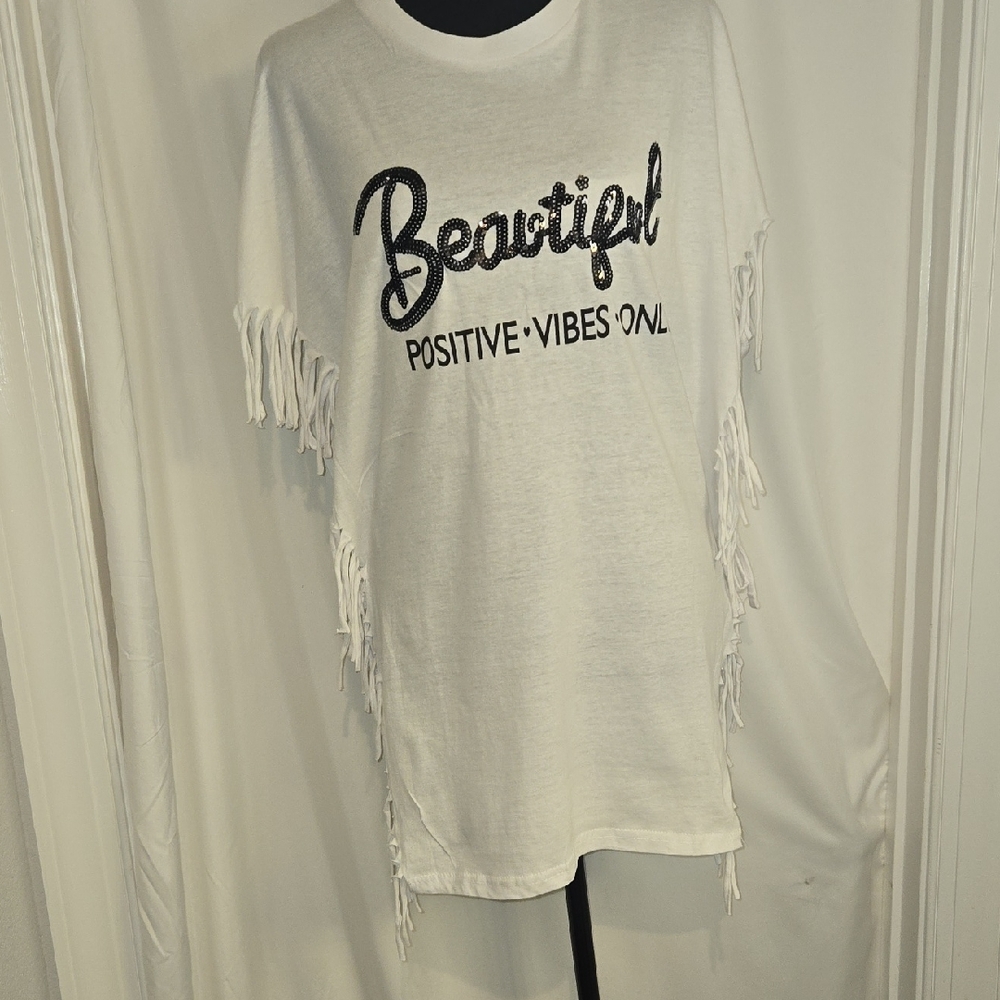 On Fire White 'Beautiful' Fringe Tee